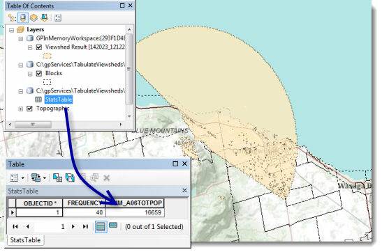 The resulting viewshed from Esri SampleServer1 with the calculated population